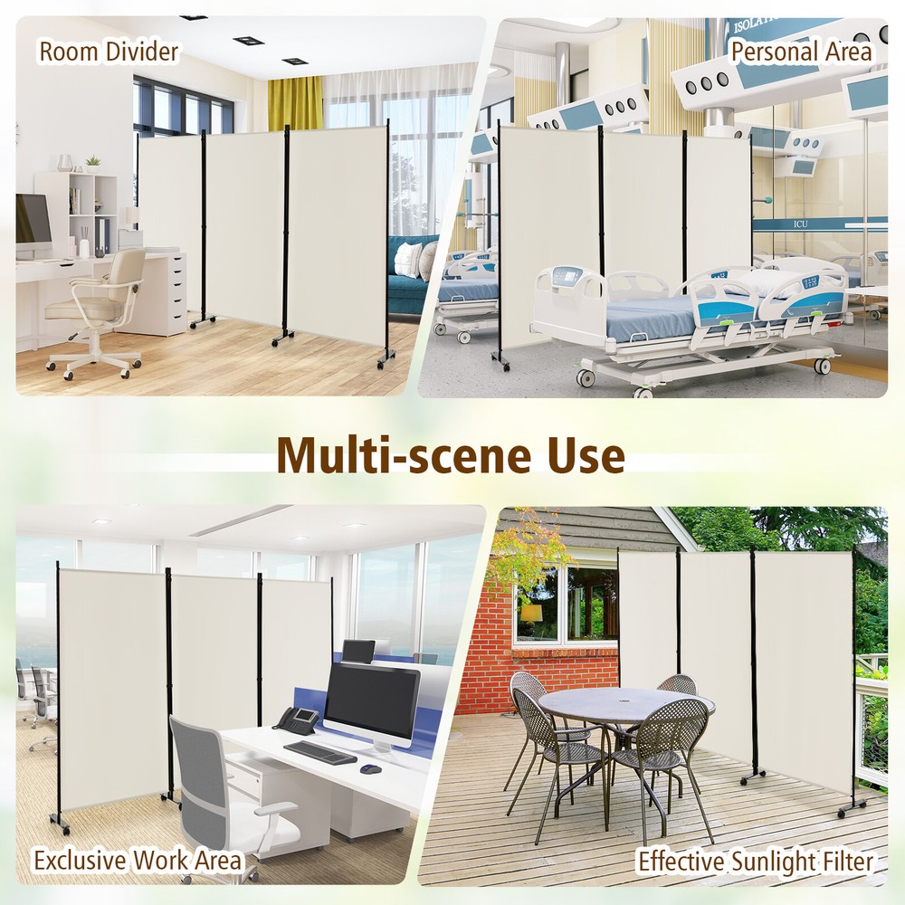 3-Panel Folding Room Divider 6Ft Rolling Privacy Screen w/Lockable Wheels White