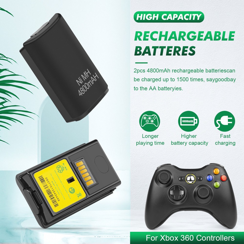 2 Pack Rechargeable 4800mAh Battery Pack For Xbox 360 Wireless Controller Black