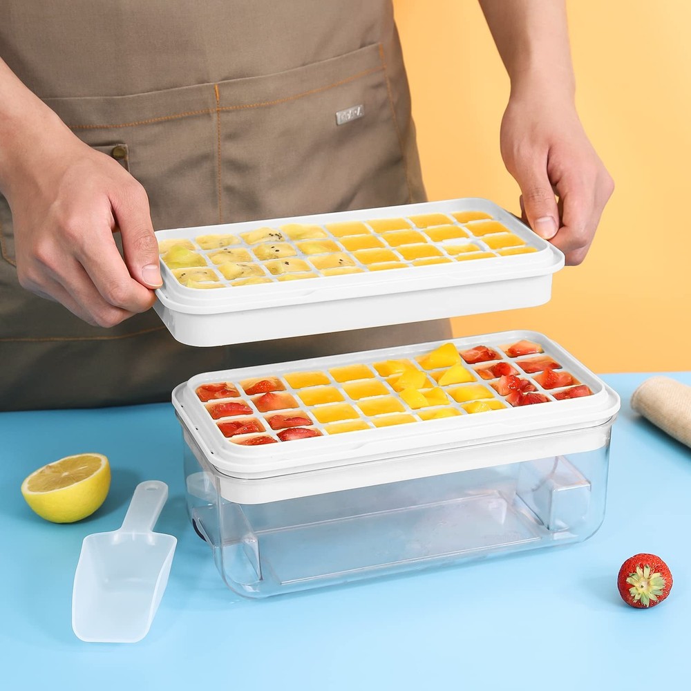 Blue 2 Tier Ice Cube Tray Set Easy Release BPA Free Includes Lid and Storage Bin