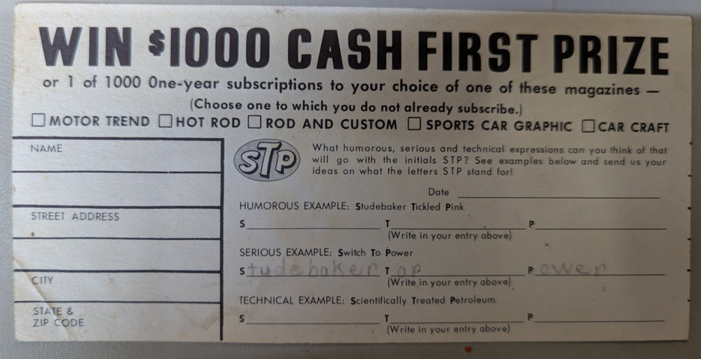 Studebaker STP Contest Postcard