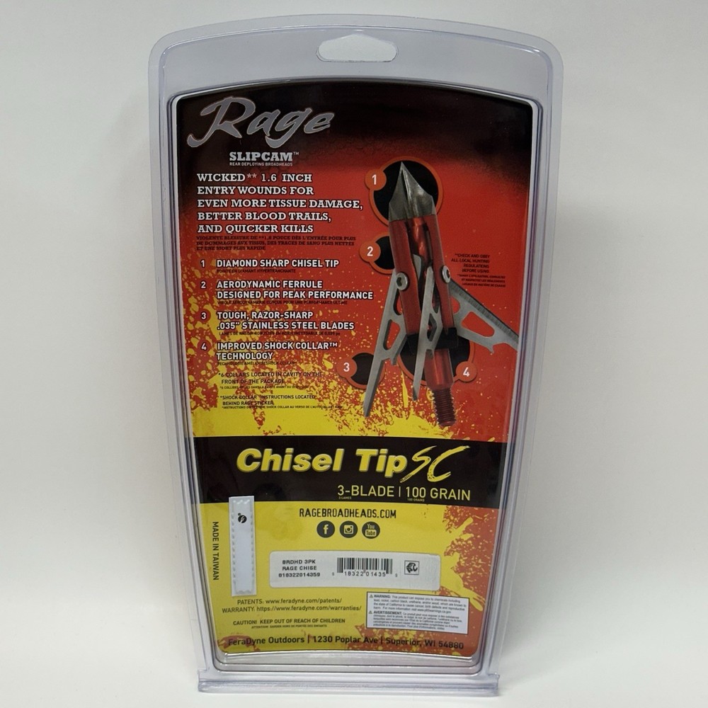 Rage 3-Blade Chisel Tip SC Broadhead 3-Pack - 100 Grain
