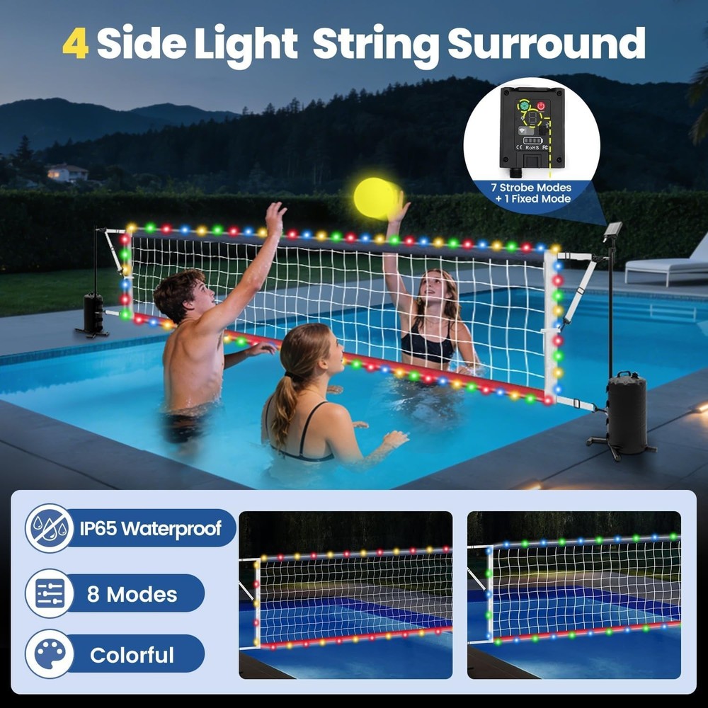 LED Pool Volleyball Net Set; Adjustable 15-32FT; Solar Lights; Weighted Base