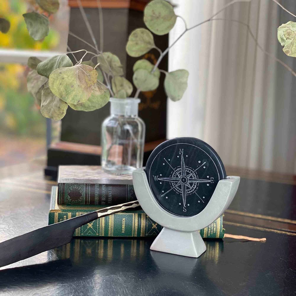 Compass Soapstone Sculpture, Dark Gray Stone