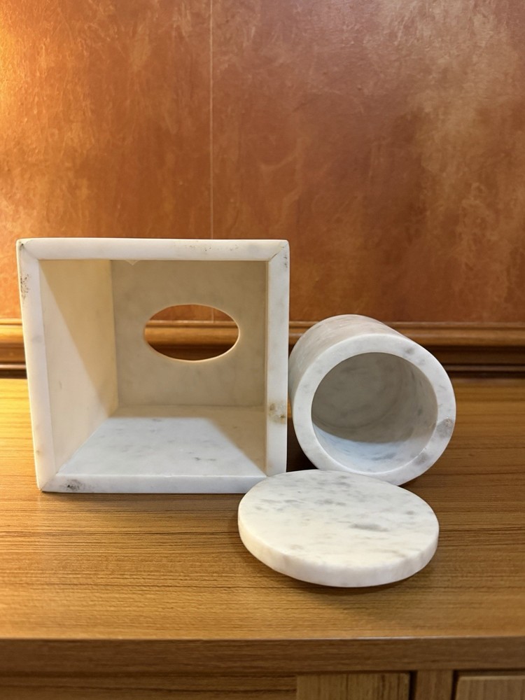 Brand New Solid Carrara Marble Tissue Box Cover & Matching Lidded Jar-READ