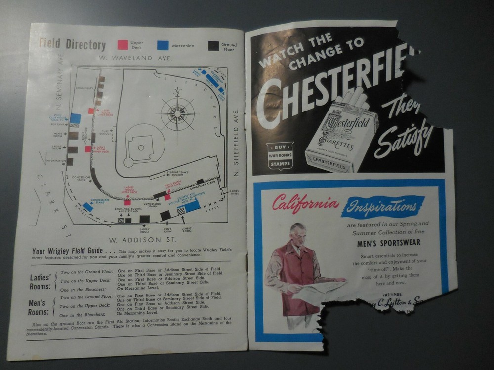 1944 Brooklyn Dodgers at Cubs Wrigley Field Program Unscored