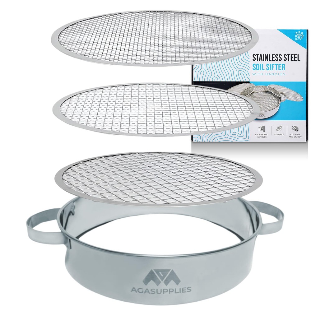 Soil Sifter Set with Handles & 3 Replaceable Mesh Sifters – 30 Cm Stainless S...