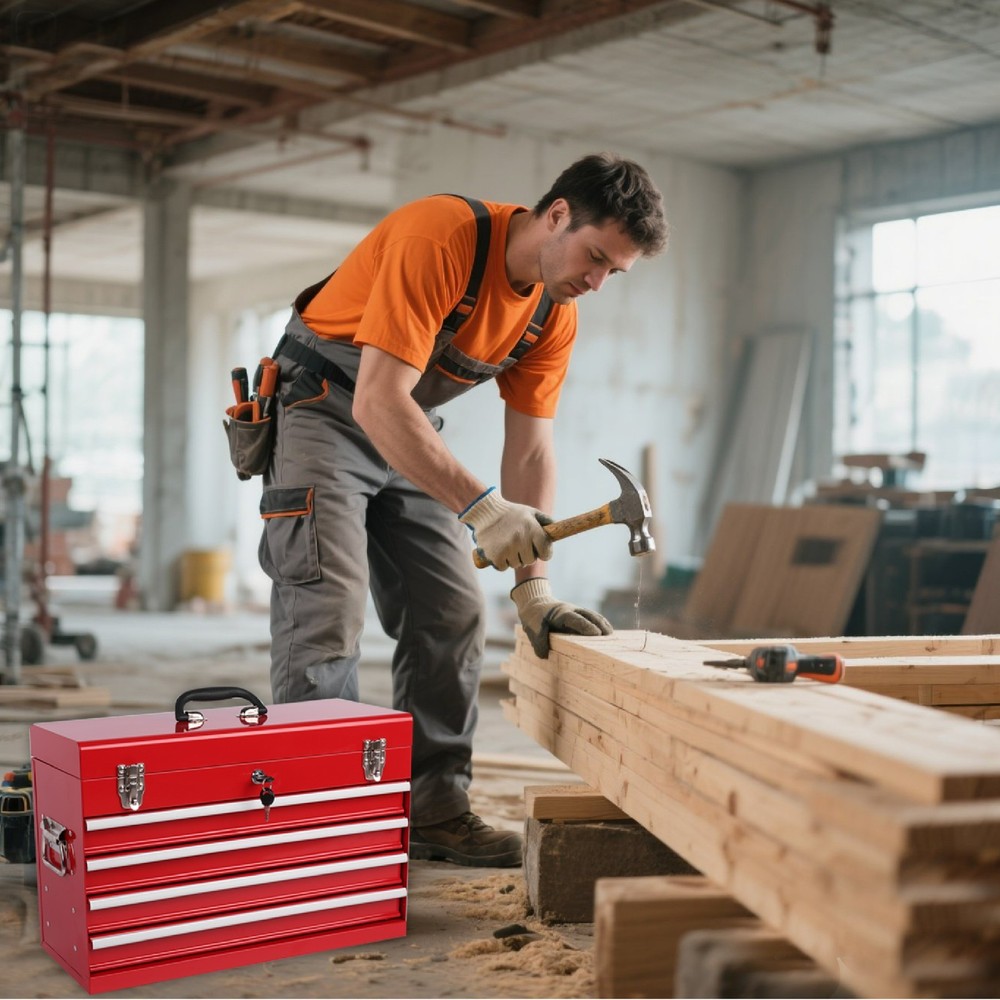 1Pcs Multi-Function Tool Organizer Heavy Duty Metal Red Tool Box with EVA Liners