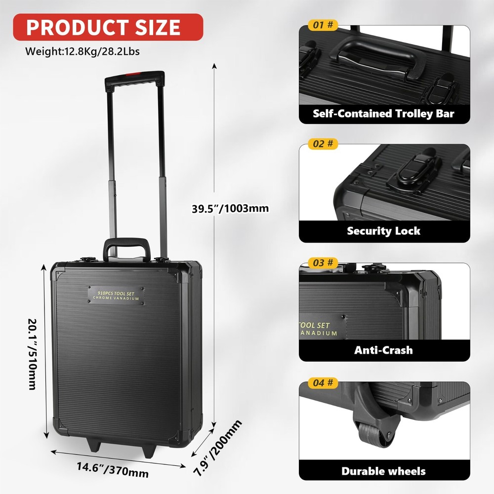 910-Pc Pro Tool Set w/4-Drawer Rolling Case - Complete Home & Auto Kit, Black