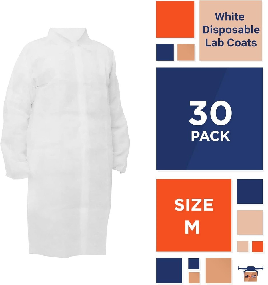 Disposable Lab Coats 30ct White Polypropylene Coats Medium 42" Long