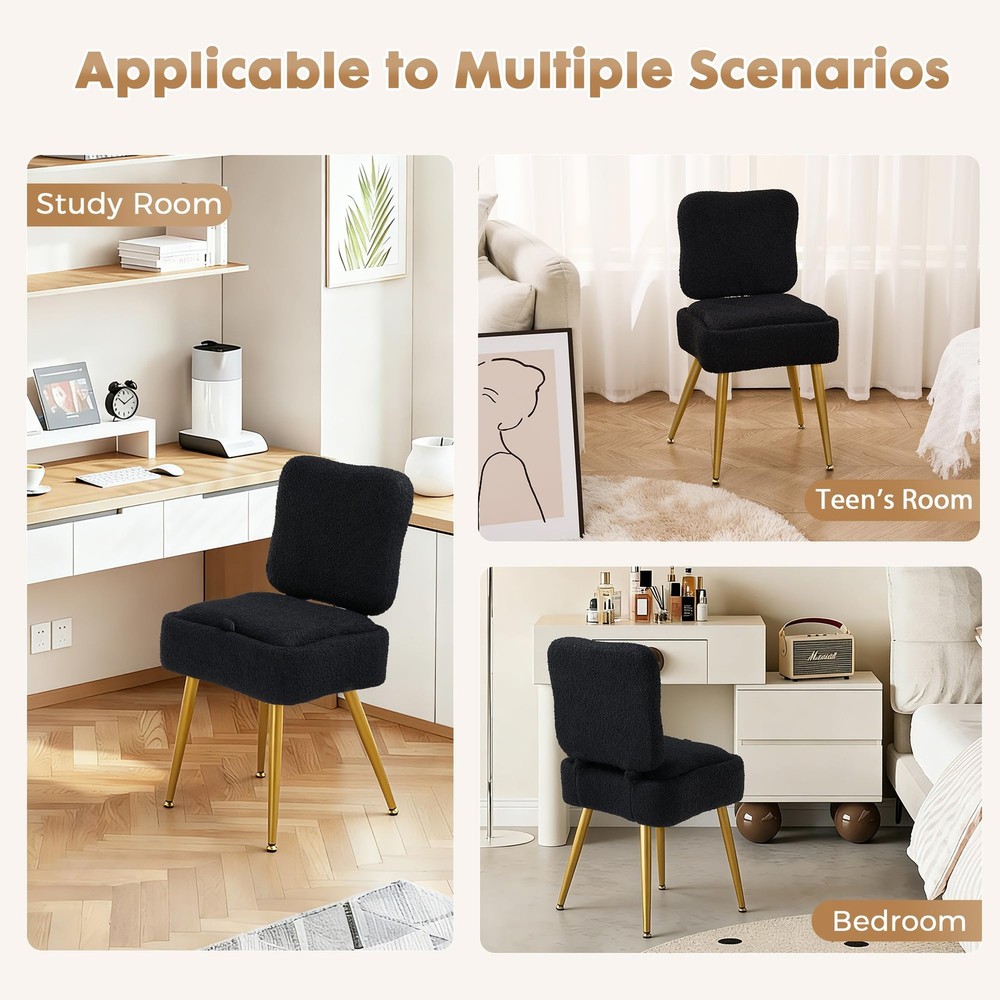 Small Vanity Chair with Storage and Foldable Backrest - Plush Teddy Fabric, 8...