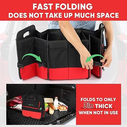 Simniam Large Trunk Organizer for Car, Foldable Multi Compartment Medium Red