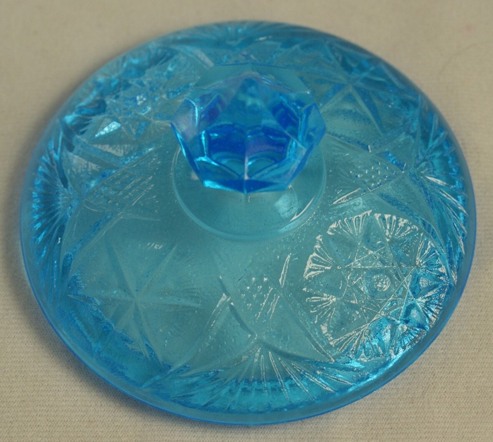 Kemple Blue Pressed Glass Covered Jar Yutec Pattern