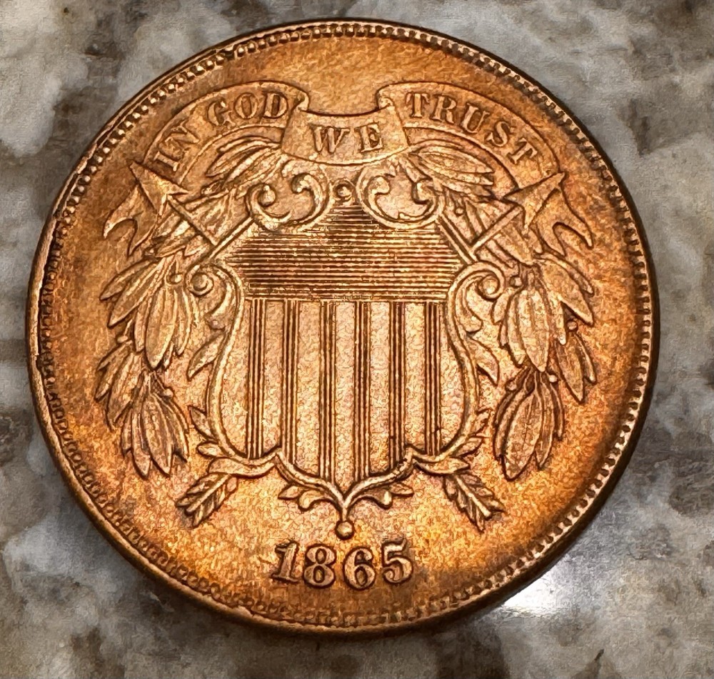 1865 2C TWO CENT PIECE Fancy 5, RB Uncirculated