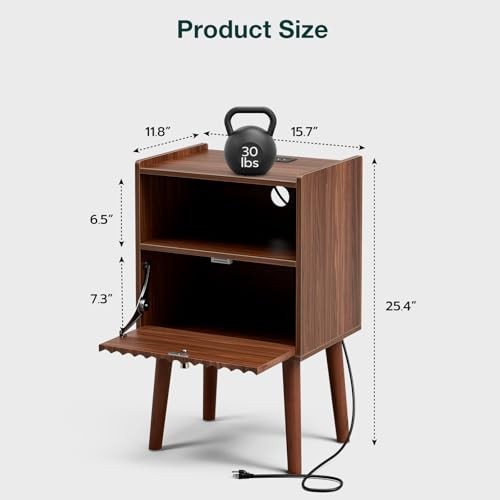 Side Table with Charging Station, Modern End Table with Fluted Drawer, Brown