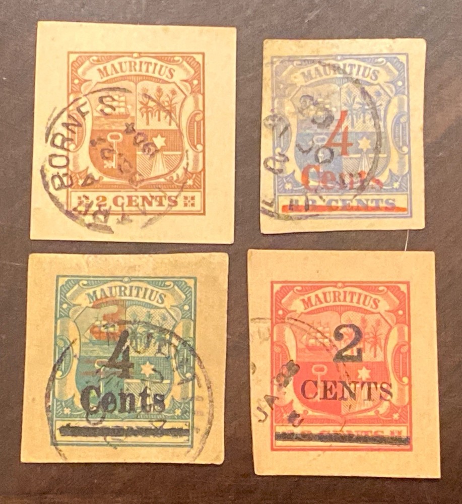 BRITISH MAURITIUS POSTCARD POSTAGE CUT CORNERS-CUTOUTS USED (4)