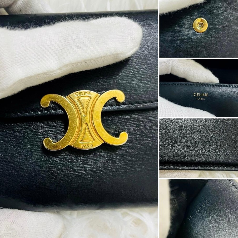 Celine Triomphe Leather Compact Wallet Black Gold