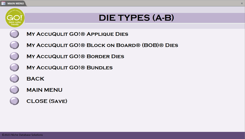 AccuQuilt GO! Accessories, Cutters & Dies Pre-Loaded MS ACCESS Database & Manual