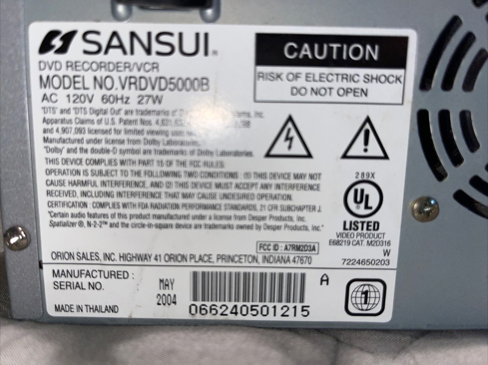 Sansui DVD/VHS Player Recorder SQPB Tested/no Remote/spatializer VRDVD5000B