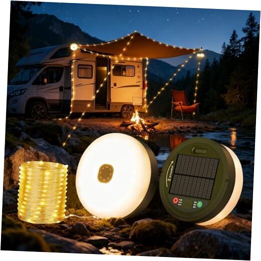Solar Camping String Lights, 33FT 3000mAh Retractable 4 in 1 Solar/USB Charging