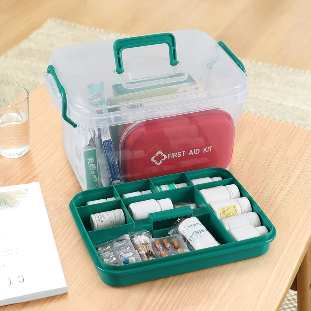 1 Pack Plastic Medicine Storage Kit with Tray, First Aid Storage Box with Han...