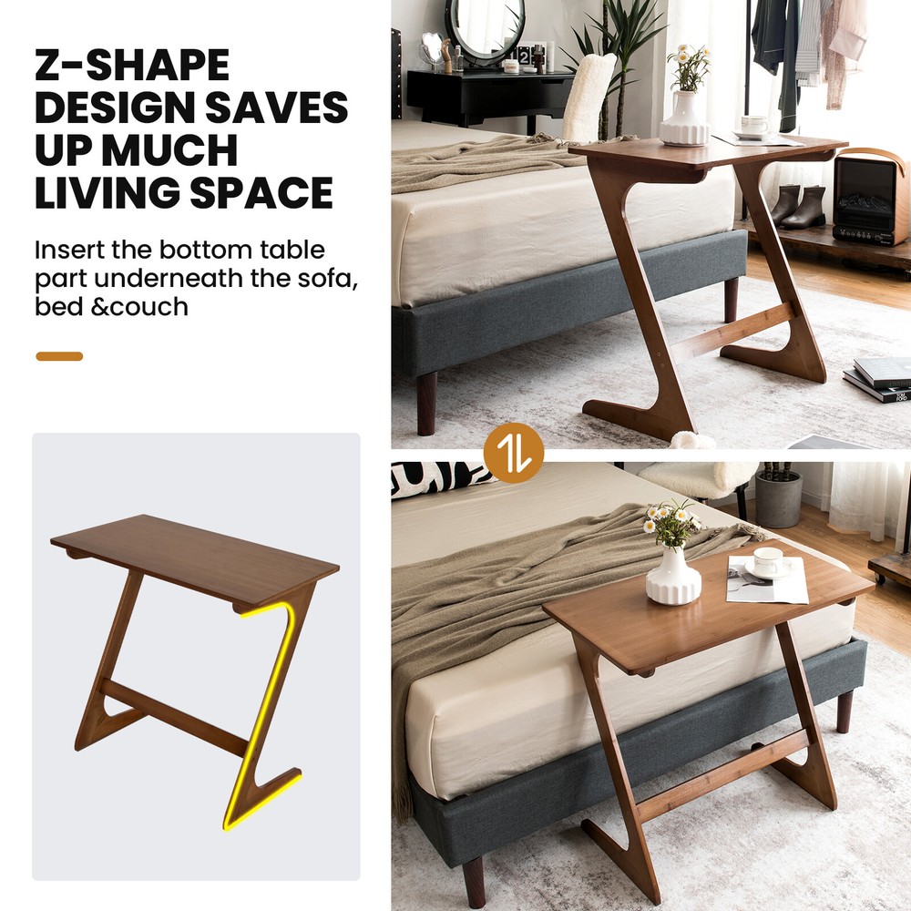 Bamboo Sofa Side Table Z-Shaped Spacious Tabletop Space-Saving TV Snack Tray