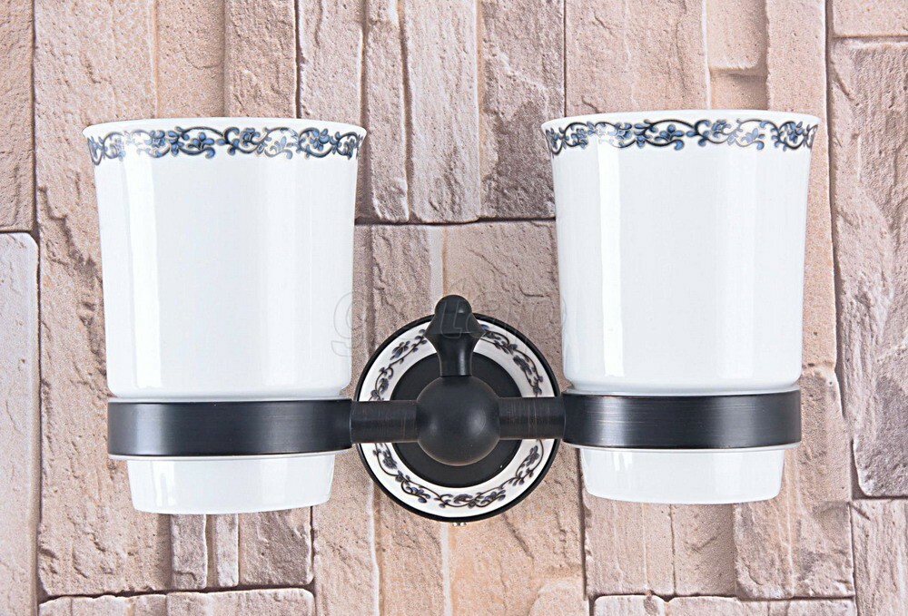 Oil Rubbed Bronze Wall Mounted Double Toothbrush Holder with Two Ceramic Cups