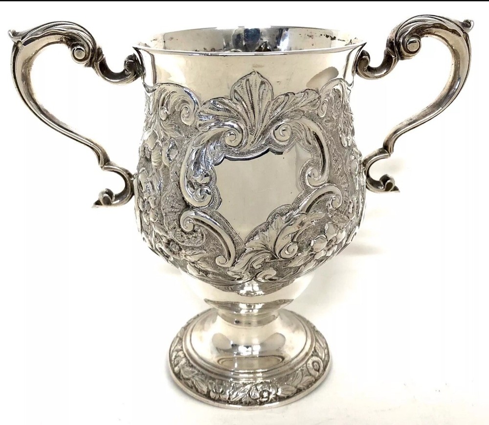 Stunning Antique Irish Solid Silver Two Handled Loving Cup Floral Embossed