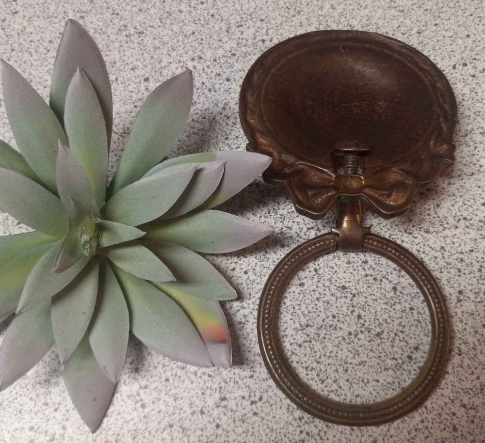 Antique Victorian Cast Brass Ornate Drop Ring Drawer Pull Decorative Makers Mark