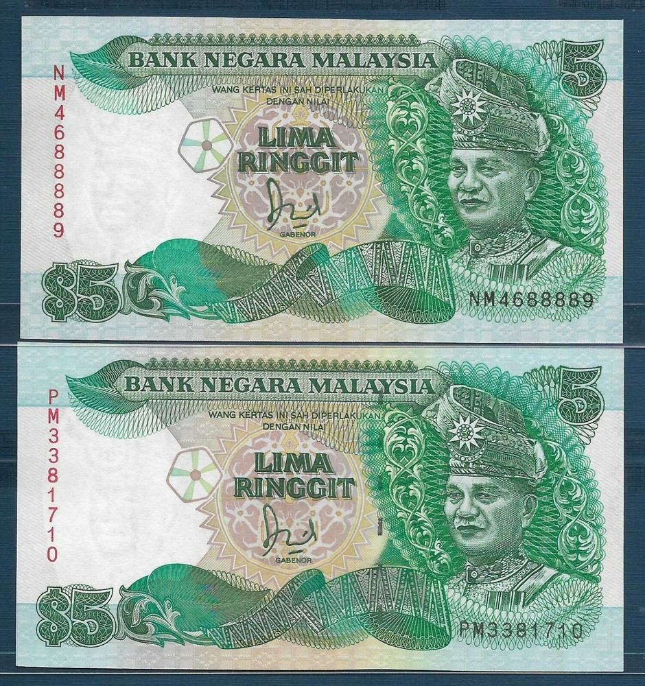 Malaysia 5 Ringgit 2 Pcs Lot, 1989 1991, P 28b 28c, UNC
