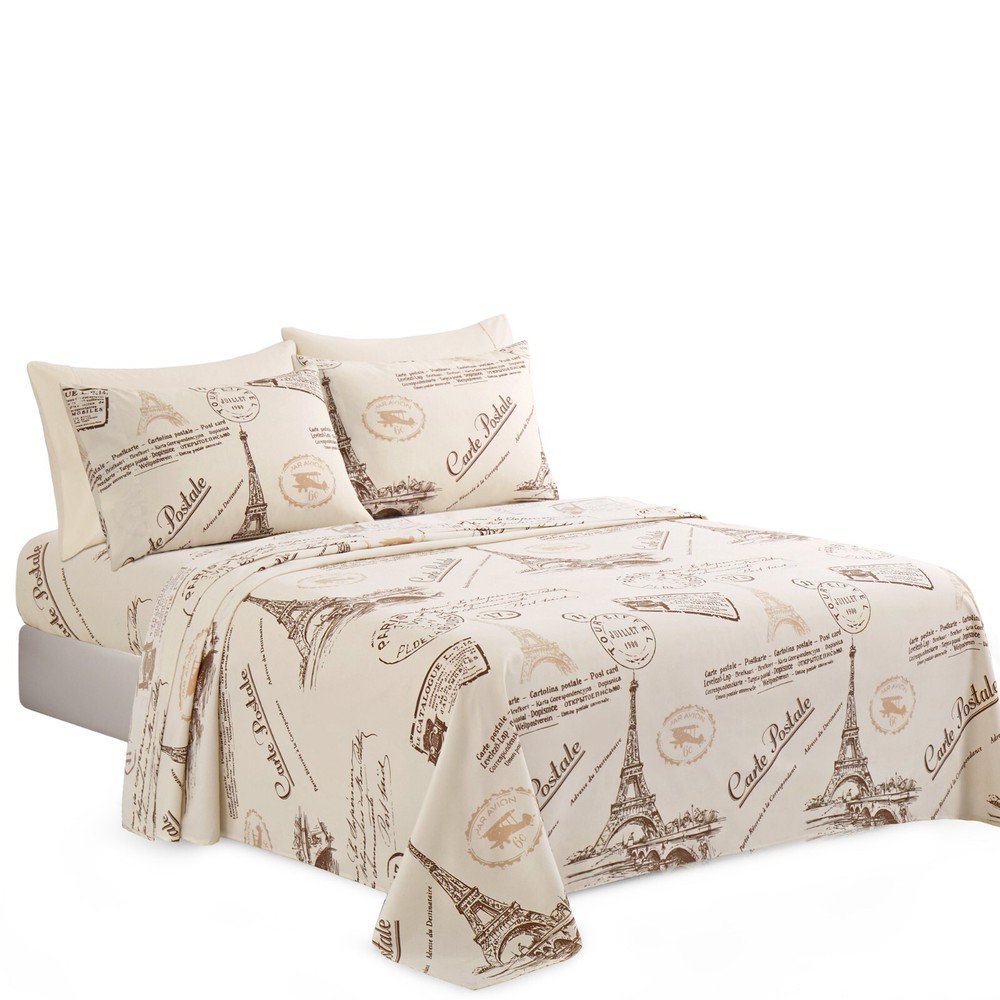 Rayon from Bamboo Deep Pocket 6 Piece Printed Sheet Set, Eiffel Tower Ivory Twin