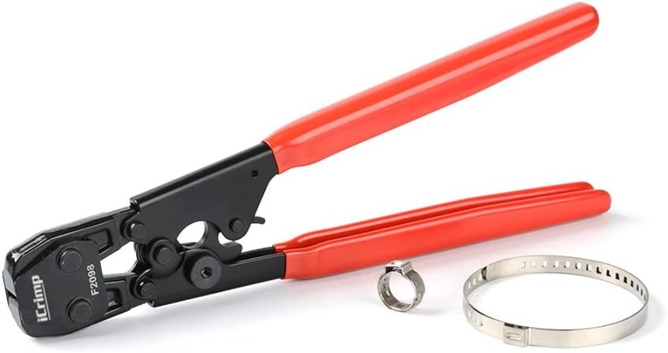 Multi-Size Ratcheting PEX Clamp Tool with Ergonomic Handle for Easy Crimping