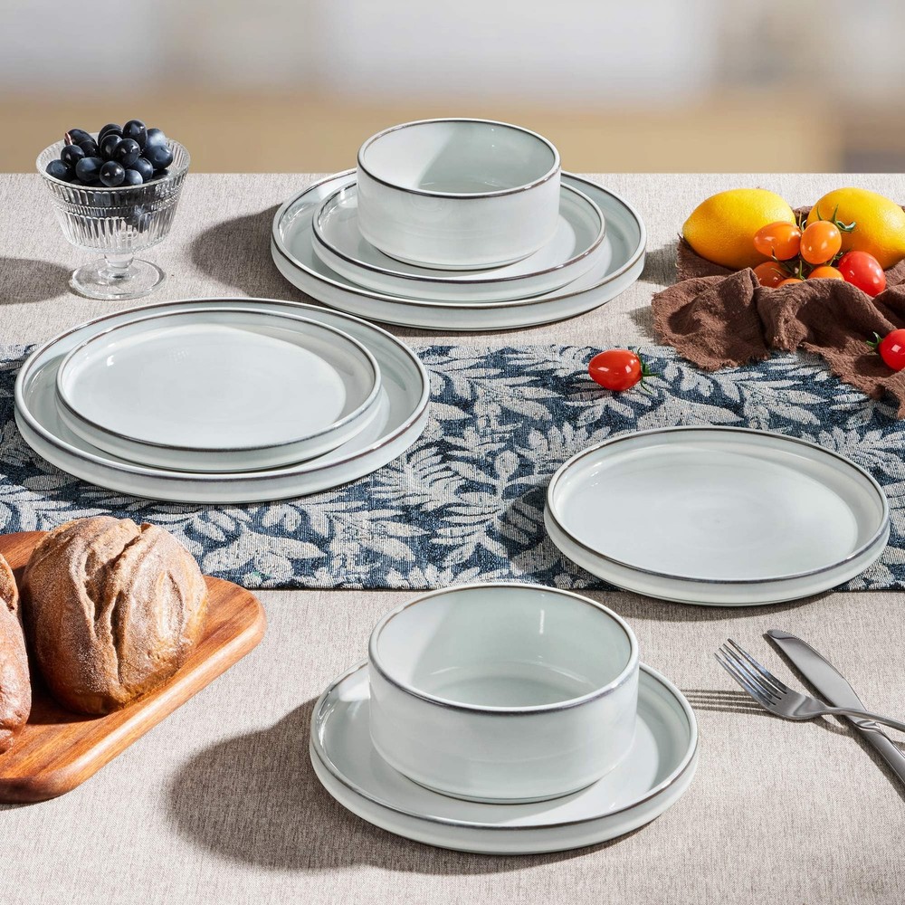 12 Pieces Stoneware Dinnerware Set for 4, Ceramic Dinner Dishware Icy White