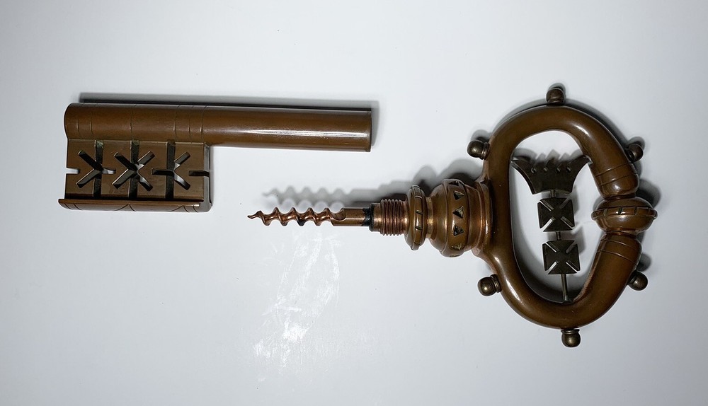 FINE Antique LARGE BRONZE KEY Figural CORKSCREW SIGNED