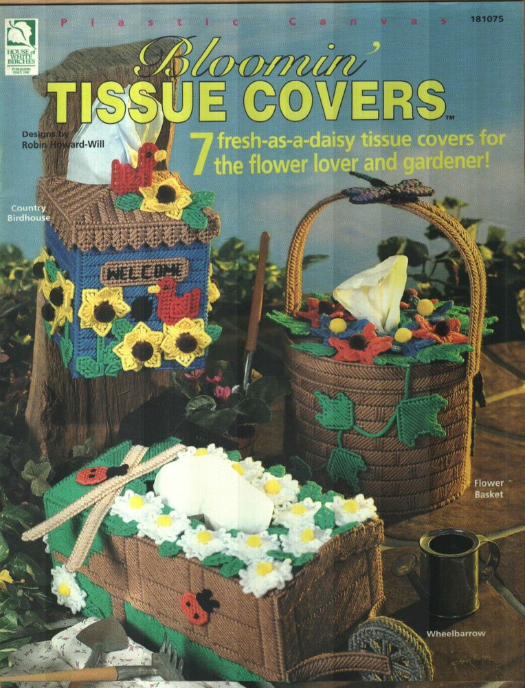 NEW BLOOMIN' TISSUE COVERS 7 FLOWER DESIGNS PLASTIC CANVAS PATTERN BOOK