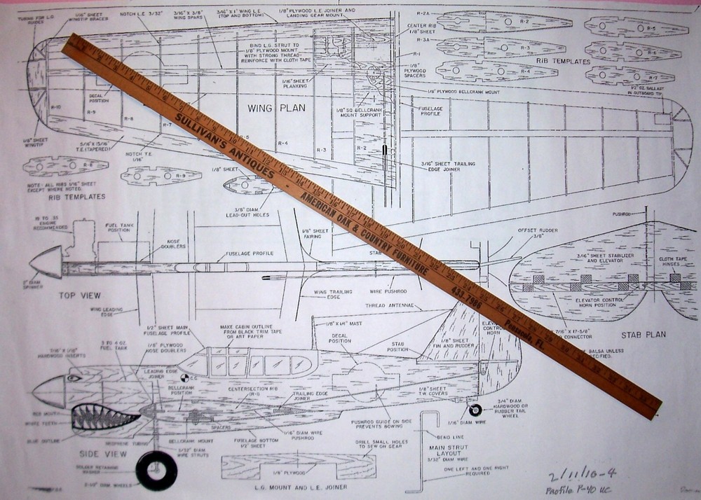 P-40 PLANS + CONSTRUCTION ARTICLE to Build 43" Profile UC Stunt Model Airplane