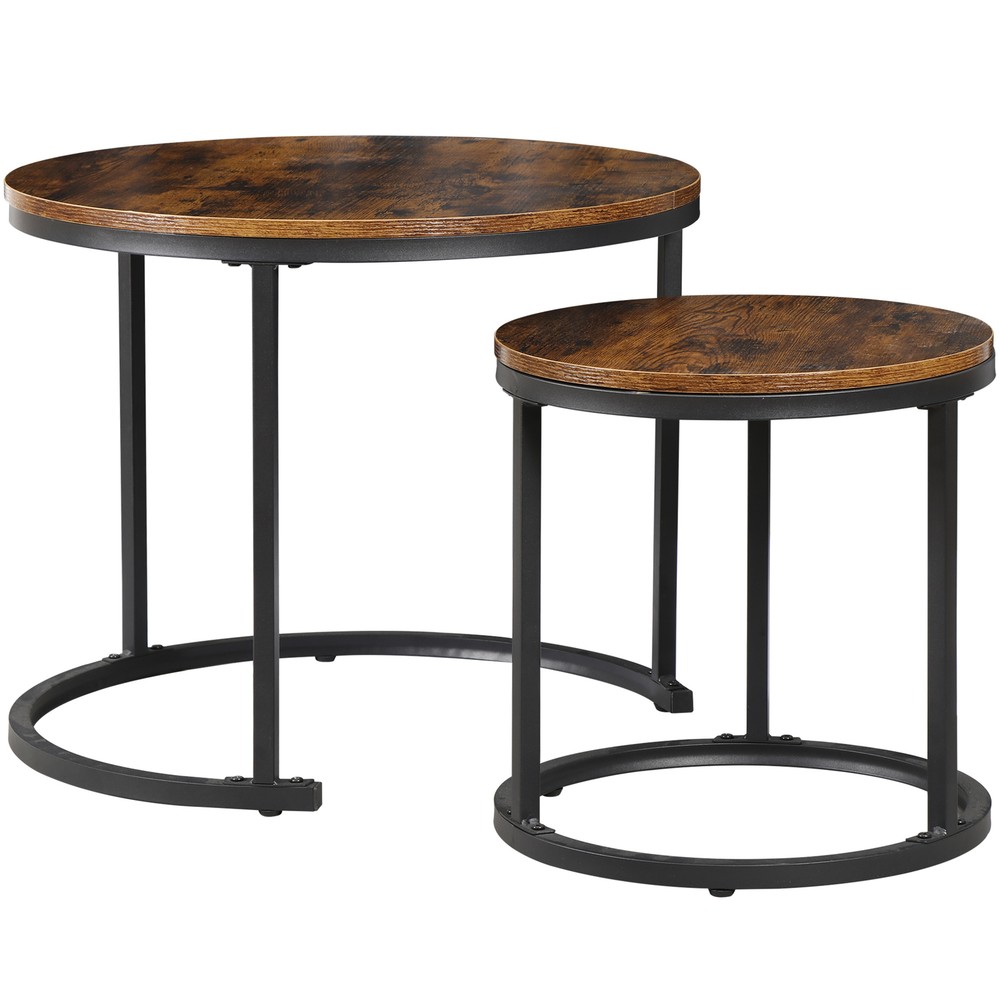 Set of 2 Nesting Coffee Table Round End Side Table for Small Spaces Rustic Brown