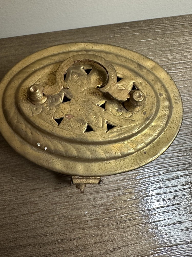 Oval Pierced Brass Potpourri Cricket Box Lockable Hinged Lid Incense