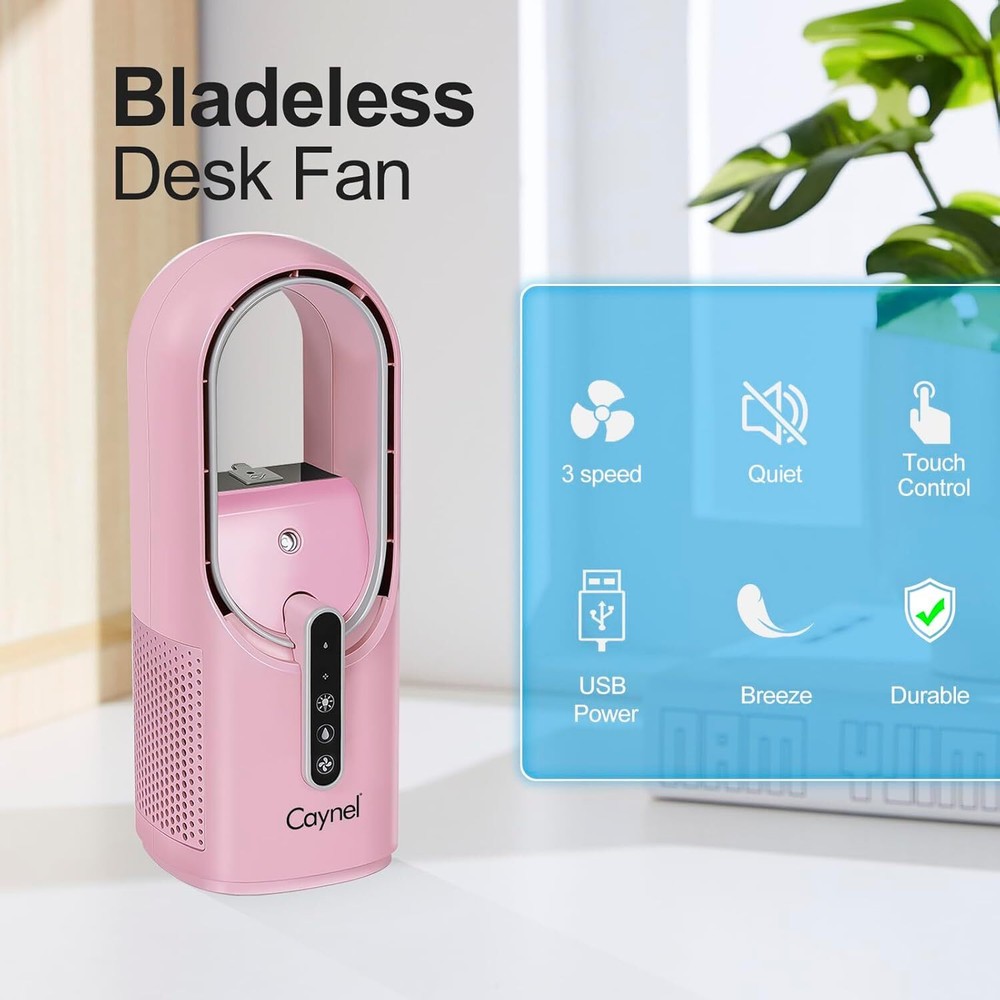 Portable 11.8 Inch Bladeless Desktop Personal Fan w/ 7 Colors Ambient Light Pink