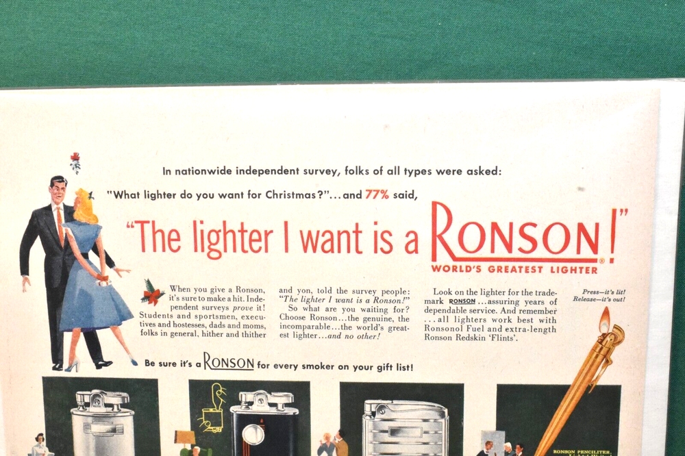 Ronson Lighter Advertisement from the 1950's featuring All Lighters w/ Pricing