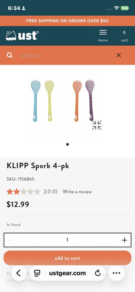 UST Klipp Spork Set - 4 Pack Compact Durable Silicone Utensils for Camping Hike