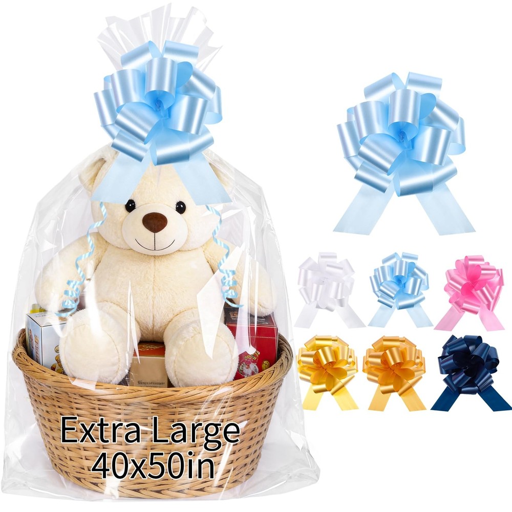 12 PCS Extra Large Cellophane Bags 40x50 Inch Easter Wrap 12 Pull Bows