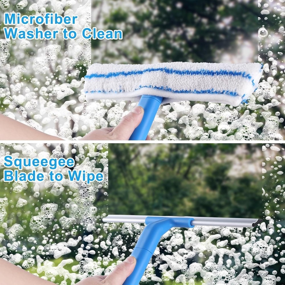 57" Window Cleaner Squeegee & Microfiber Scrubber Long Handle Glass Washer Tool