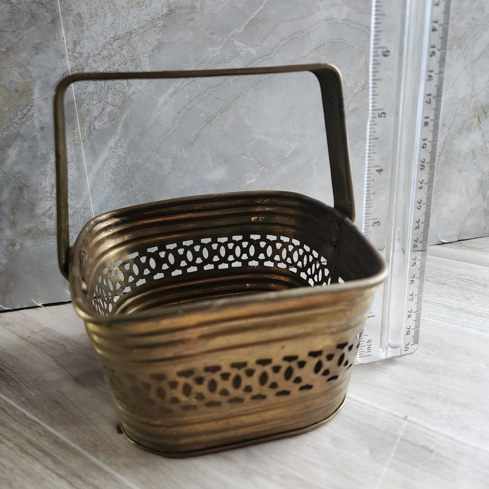 5" X 5" X 3" Pierced Solid Brass Basket Adjustable Hinged Handle Made In India