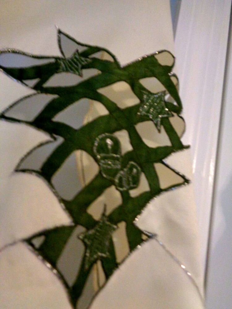 White Satin Christmas Embroidery Table Runner Green Tree Embroidered Cutwork 70"