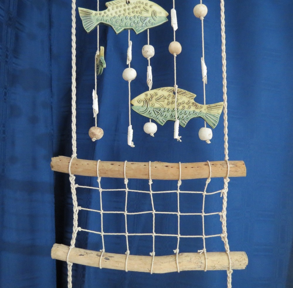 Ceramic Hanging Fish Decor Nautical Beach Wind Chime Driftwood Shells 44 “ Long!