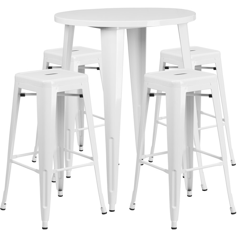 Flash Commercial Grade 30" Round White Metal Bar Table Set & 4 Backless Stools