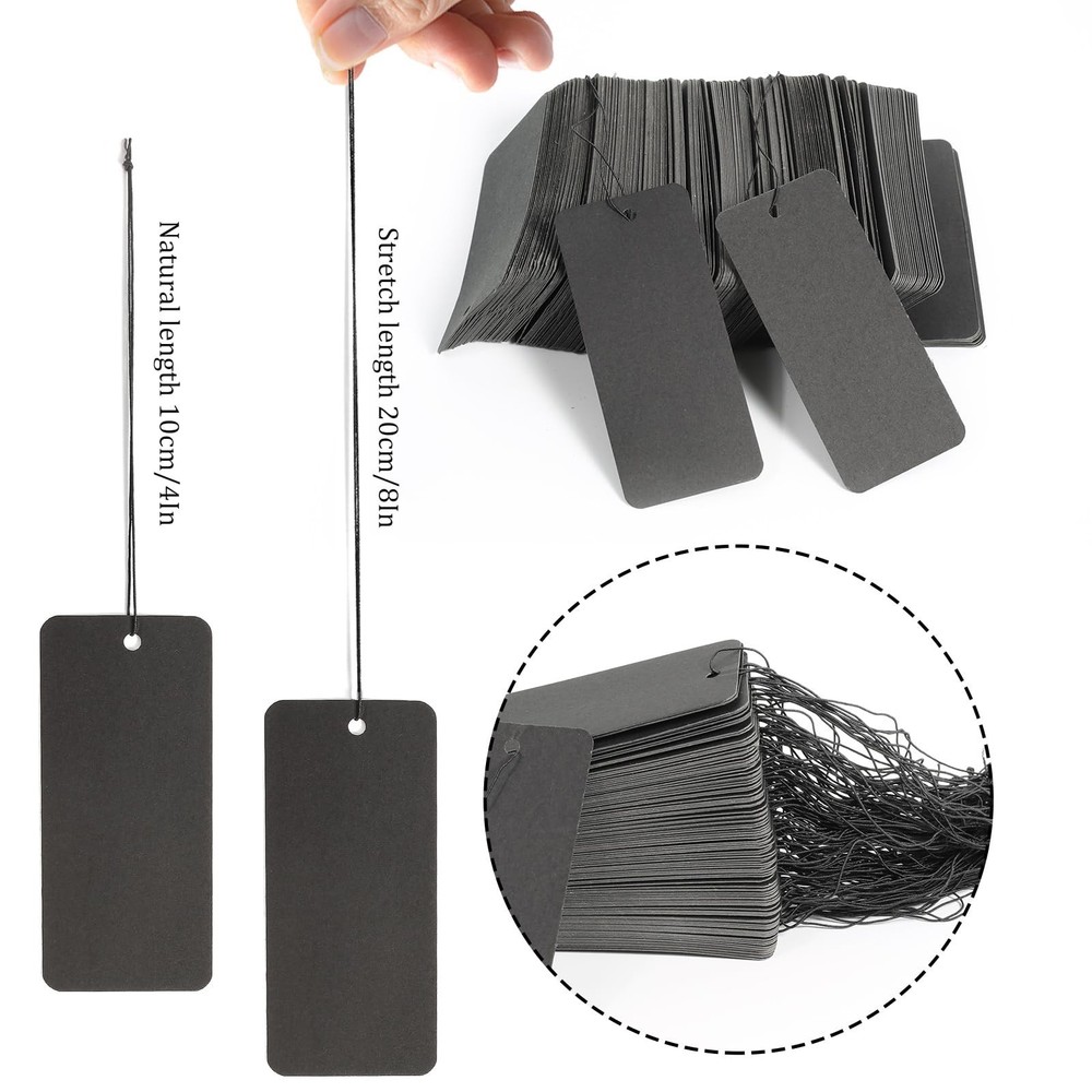 200 Pack Black Hang Tags with String Attached Large Price Tags with Elastic S...