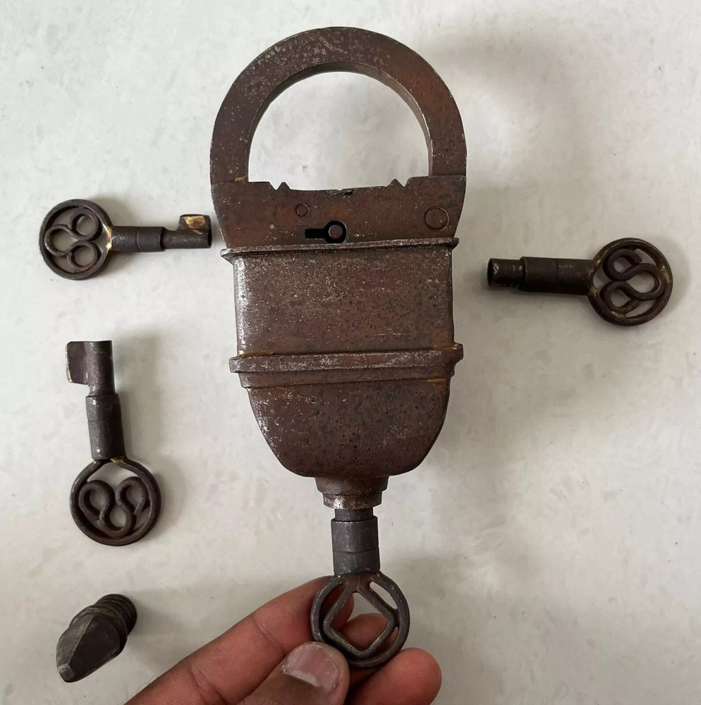 Vintage Iron Handcrafted Unique Shape Solid Heavy 4 Key Padlocks