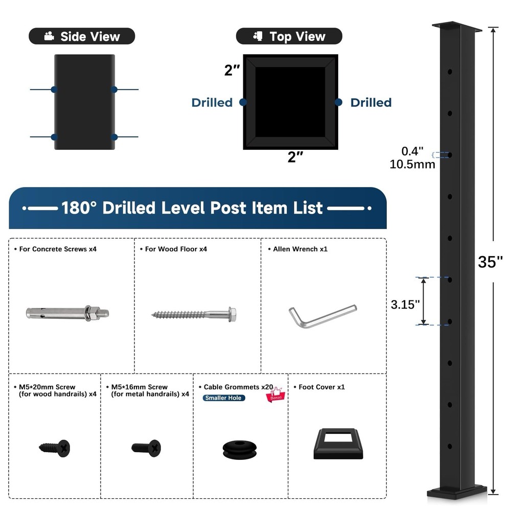 36" Cable Railing Post, Fixed Top Level Drilled Line Post w/Cable Grommets,