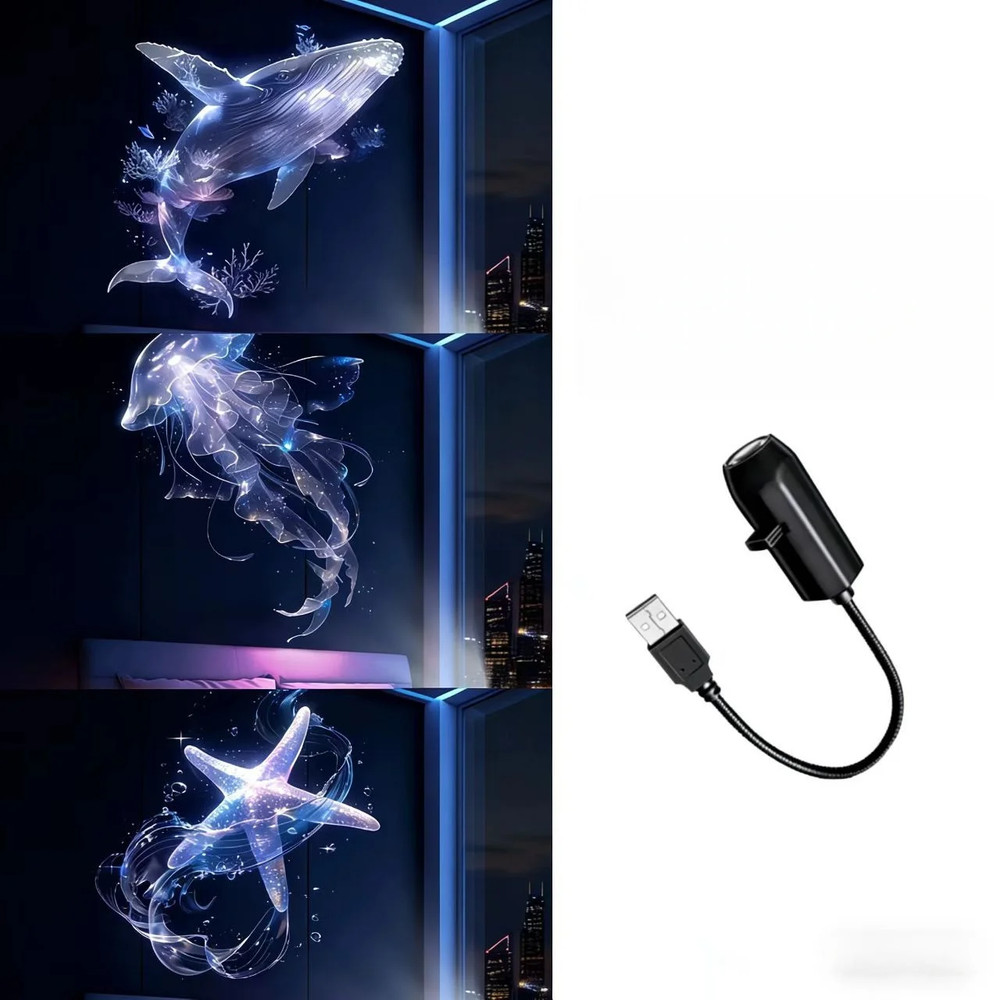 LED USB Projector Light 3/6Pcs Projection Patterns- Adjustable Whale Butterfly J